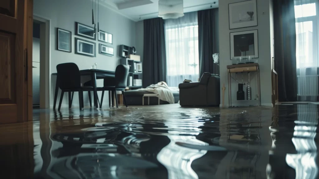 Interior casa inundada a la luz del día.