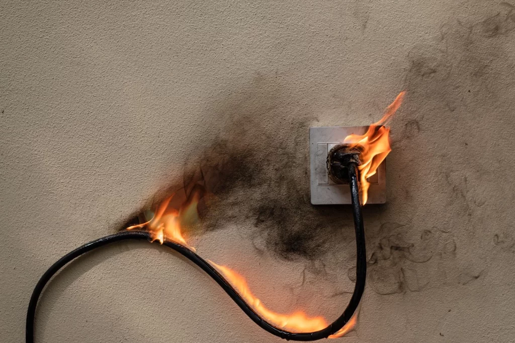 Cable en llamas con humo negro a su alrededor.