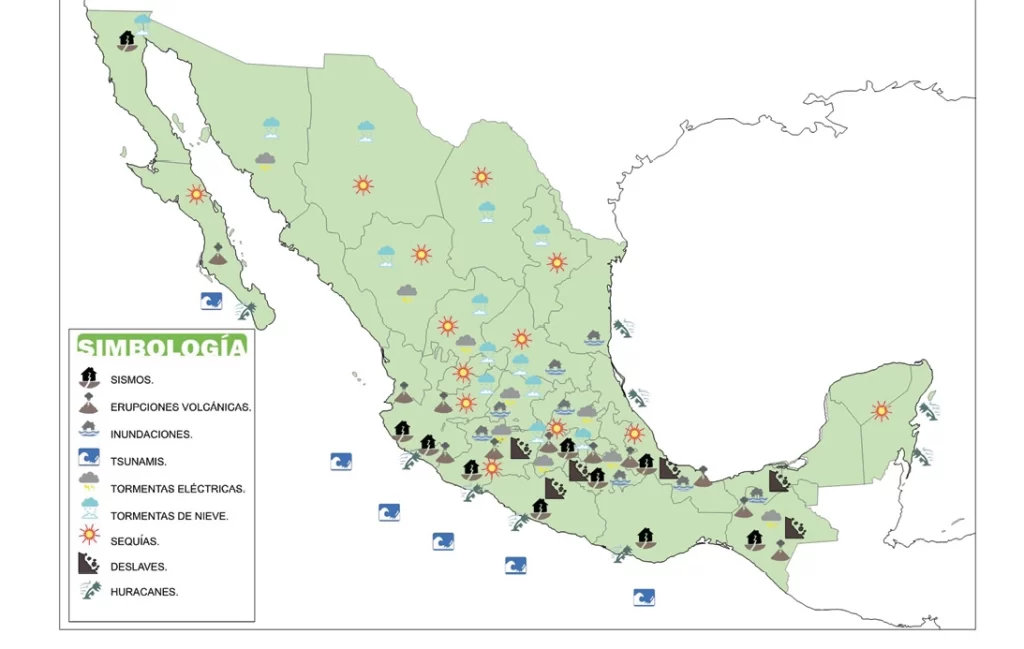 Mapa de riesgos de México, con simbología de acuerdo al desastre natural.