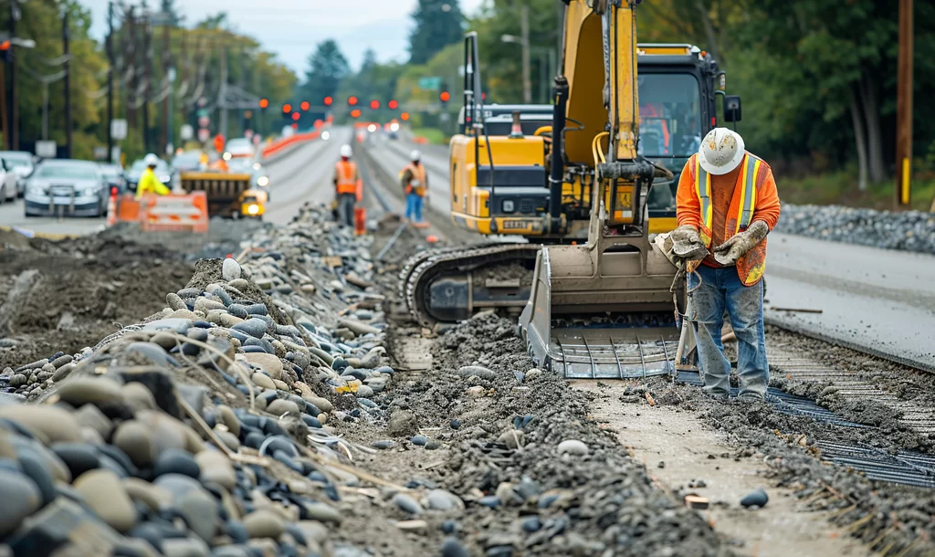 Construcción de una carretera con obreros y maquinaria en el lugar.
