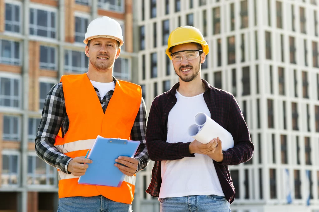 Pareja de obreros sonrientes que sostienen planos y documentos de construcción.