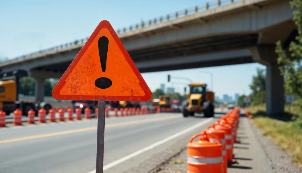 Carretera con señales de alerta, detrás suyo, transporte público que resalta la relevancia de contar con seguros para transporte público.